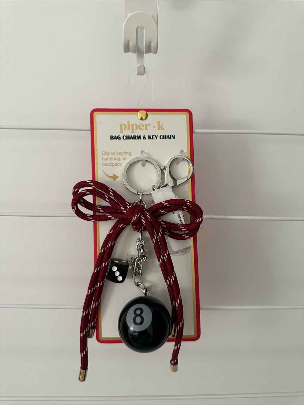 Piper Burgundy Rope Bow with Black 8-Ball Charm Key Chain